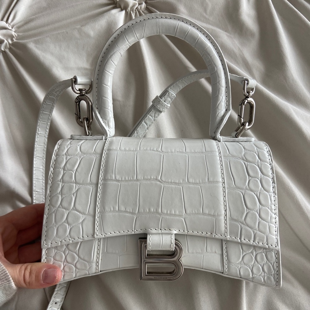 Balenciaga Crocodile Hourglass Handle Bag XS White